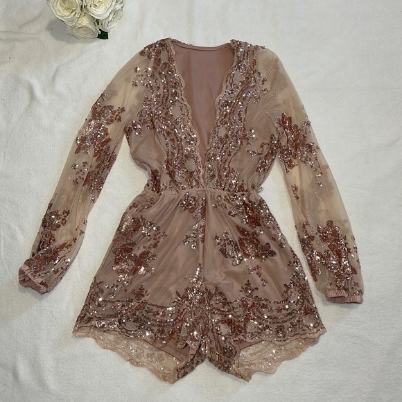 Pants - Rose Gold Sequin and Mesh Romper size small